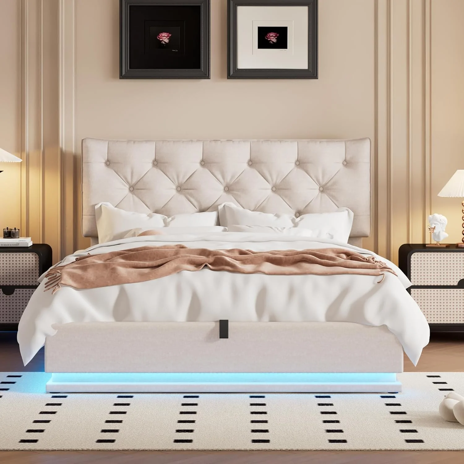 Queen Upholstered Bed With Lift Up Storage And LED Light, Modern Queen Platform Bed With Button-Tufted Headboard, Wood Queen Size Bed Frame For Bedroom, Linen, Beige, HZG-SF000039AAA
