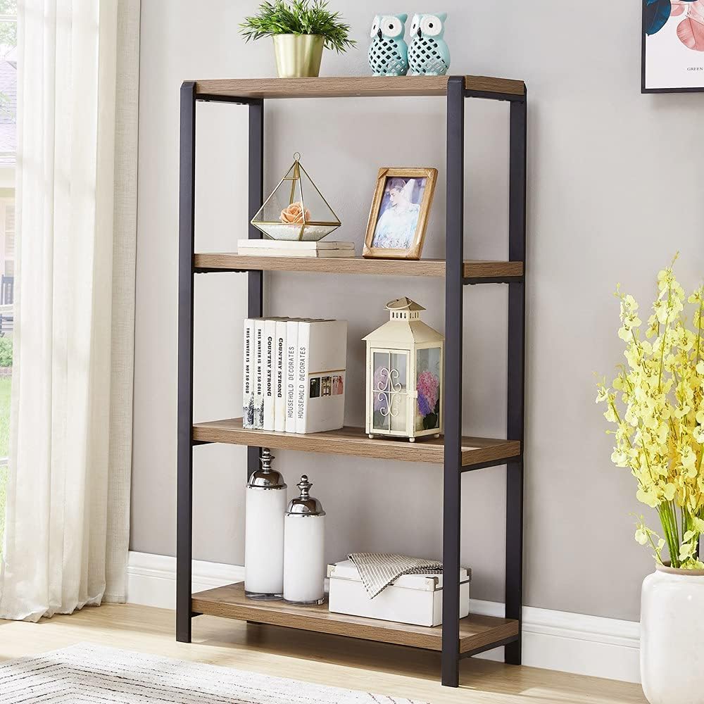 FOLUBAN 4 Tier Industrial Bookshelf, Rustic Vintage Etagere Bookcase for Living Room, Metal and Wood Book Shelf, Easy Assembly, Oak
