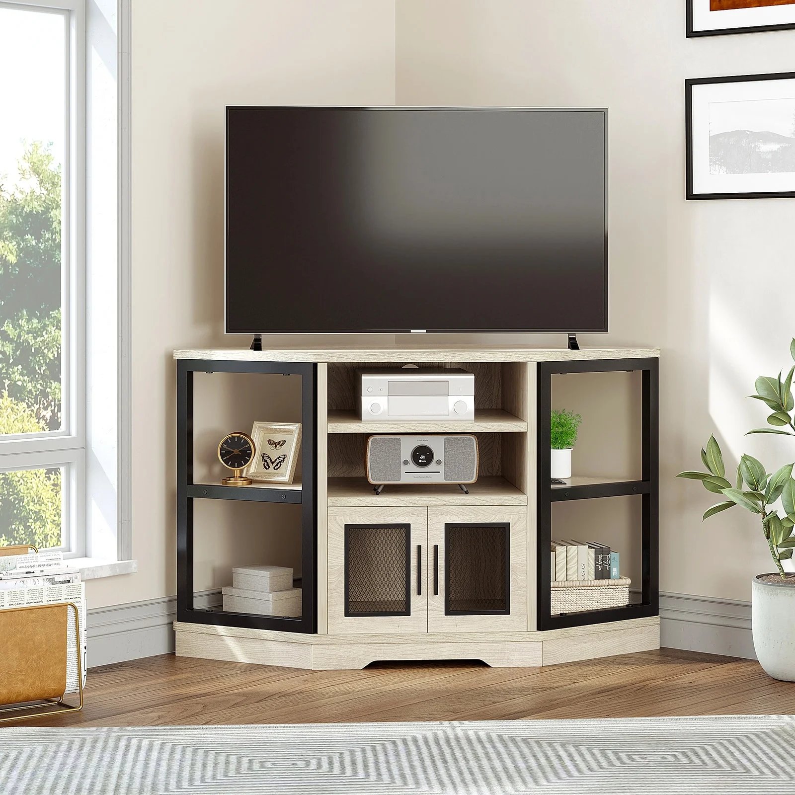 WedealFu Inc Farmhouse Corner TV Stand Entertainment Center Media Console for TVs up to 55" with Power Outlet Oak