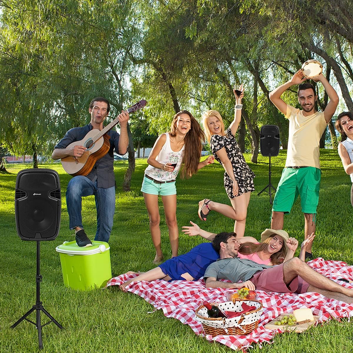 Costzon 2-Way Powered PA Speakers System Combo Set, 12 1600W Portable Dual Passive Active Speaker with 2 Speaker Stands, Bluetooth, USB/SD Card, AUX MP3 FM Radio, Microphone, Remote Control (12)