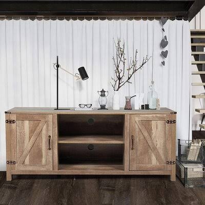 Gracie Oaks Wooden TV Stand with Barn Door for 65? TVs, Farmhouse Style Media Console Storage Cabinet, Entertainment Center for