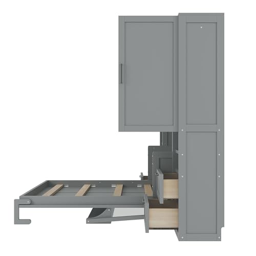 KLMM Wooden Murphy Bed Wall Bed with 2 Wardrobe and Storage Shelf,Foldable Platform Bedframe for Guest-Room Bedroom Study Office Use (White#E, Full)