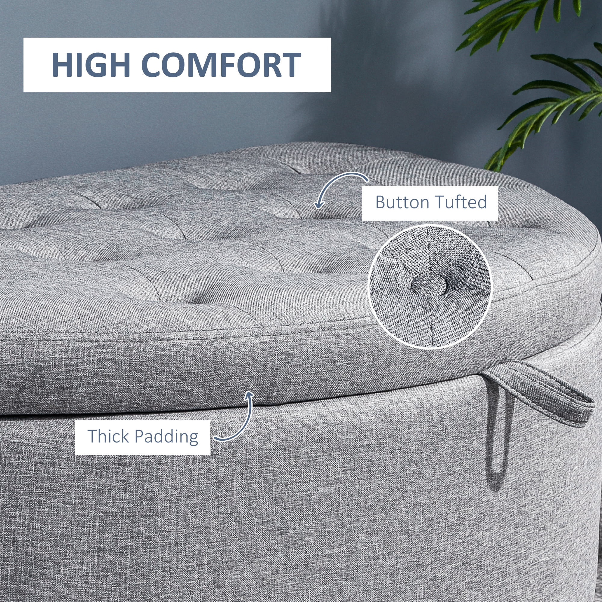 HOMCOM Half Moon Storage Ottoman, Upholstered End of Bed Bench with Lift Lid and Wood Legs, Button Tufted Storage Bench for Living Room, Entryway or Bedroom, Gray