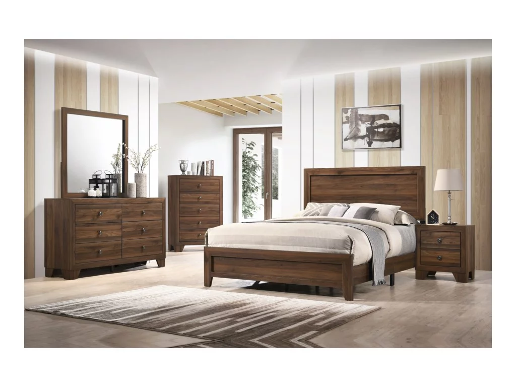 Contemporary 6Pc King Size Panel Bed Dresser Mirror Nightstand Chest Set Wooden Home Bedroom Furniture Cherry Finish