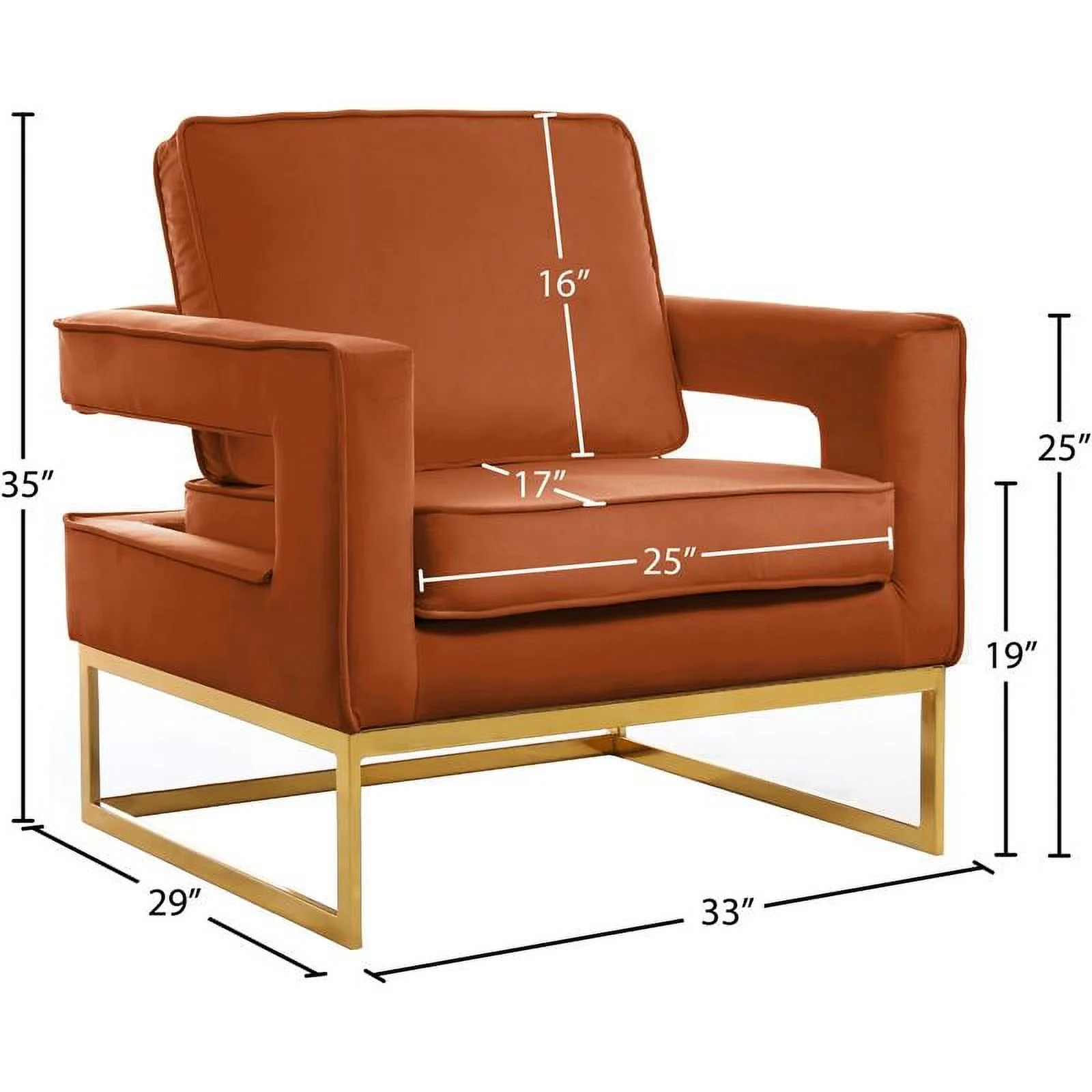 Meridian Furniture Noah 19"H Velvet Accent Chair in Cognac and Gold