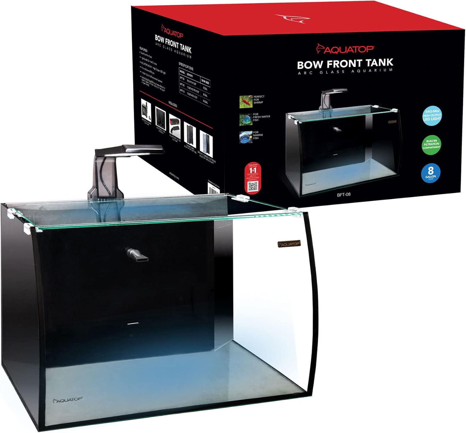 Aquatop Veritcal Bowfront 8 Gallon Glass Aquarium w/Filtration Cartridges & Mini Fish Tank Heater