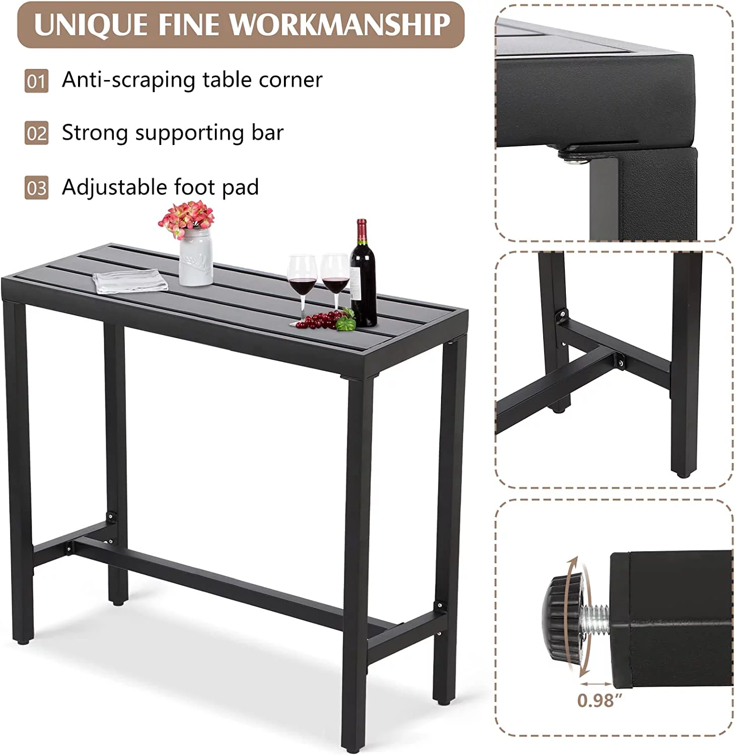LVUYOYO Outdoor Iron Bar Table, Patio Counter Height Bar Table, 40" Rectangle Bar Table for Patio, Garden,Black