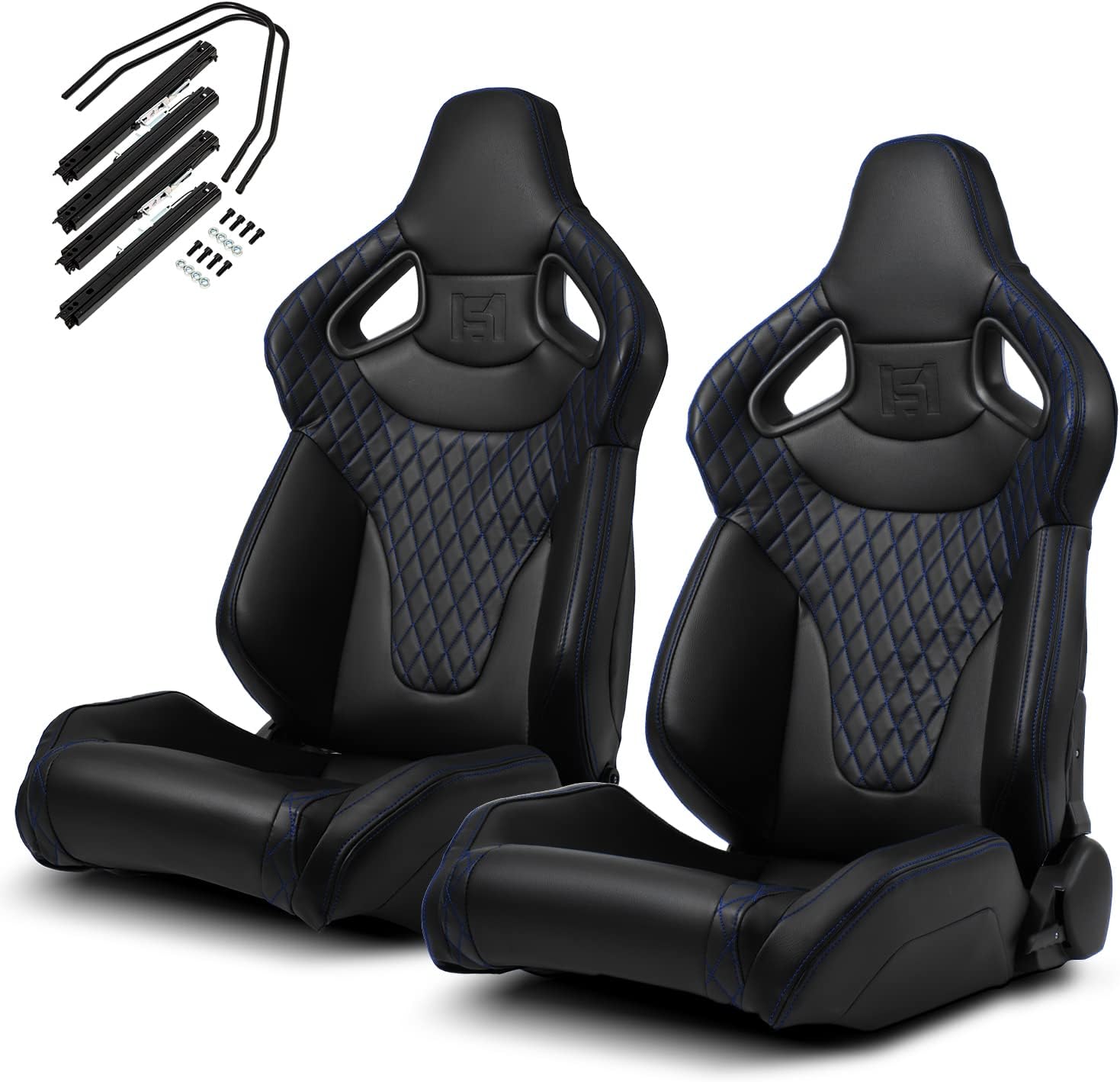 ModifyStreet 1 Pair Universal Black w/Red Stitching w/Carbon Fiber Leather PVC Reclinable C-Series Racing Seats W/Slider Left/Right