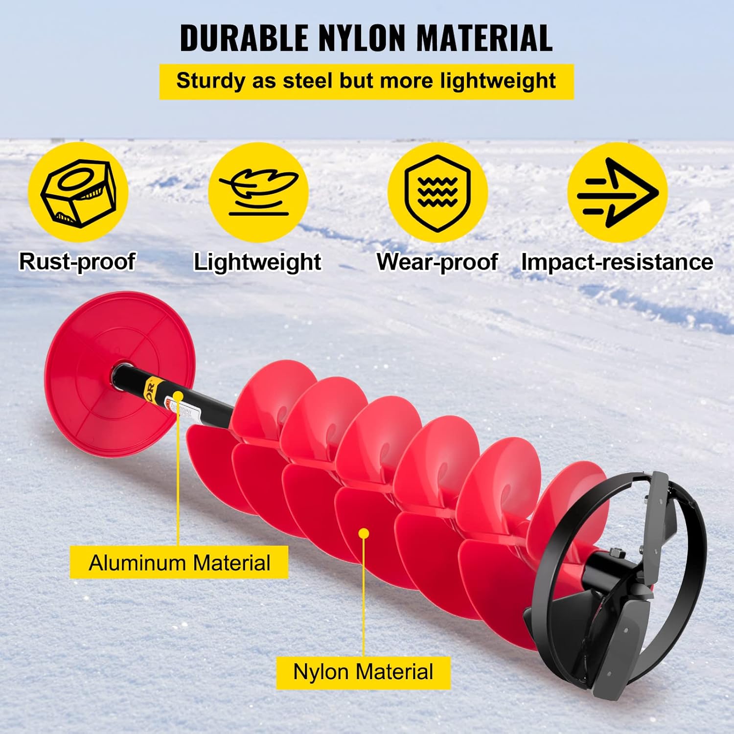VEVOR Ice Drill Auger, 6" Diameter Nylon Ice Auger, 39" Length Ice Auger Bit,Auger Drill with 11.8" Extension Rod,Auger Bit w/ Drill Adapter,Top Plate & Blade Guard for Ice Fishing Ice Burrowing Red