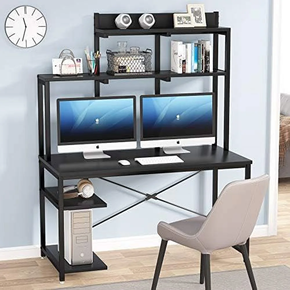 Computer Desk with Shelves and Hutch  47 Inch  Office Desk with  Bookshelf CPU Stand  PC Laptop Workstation Writing Study Table for Small Space  Space-Saving Desk (Black)