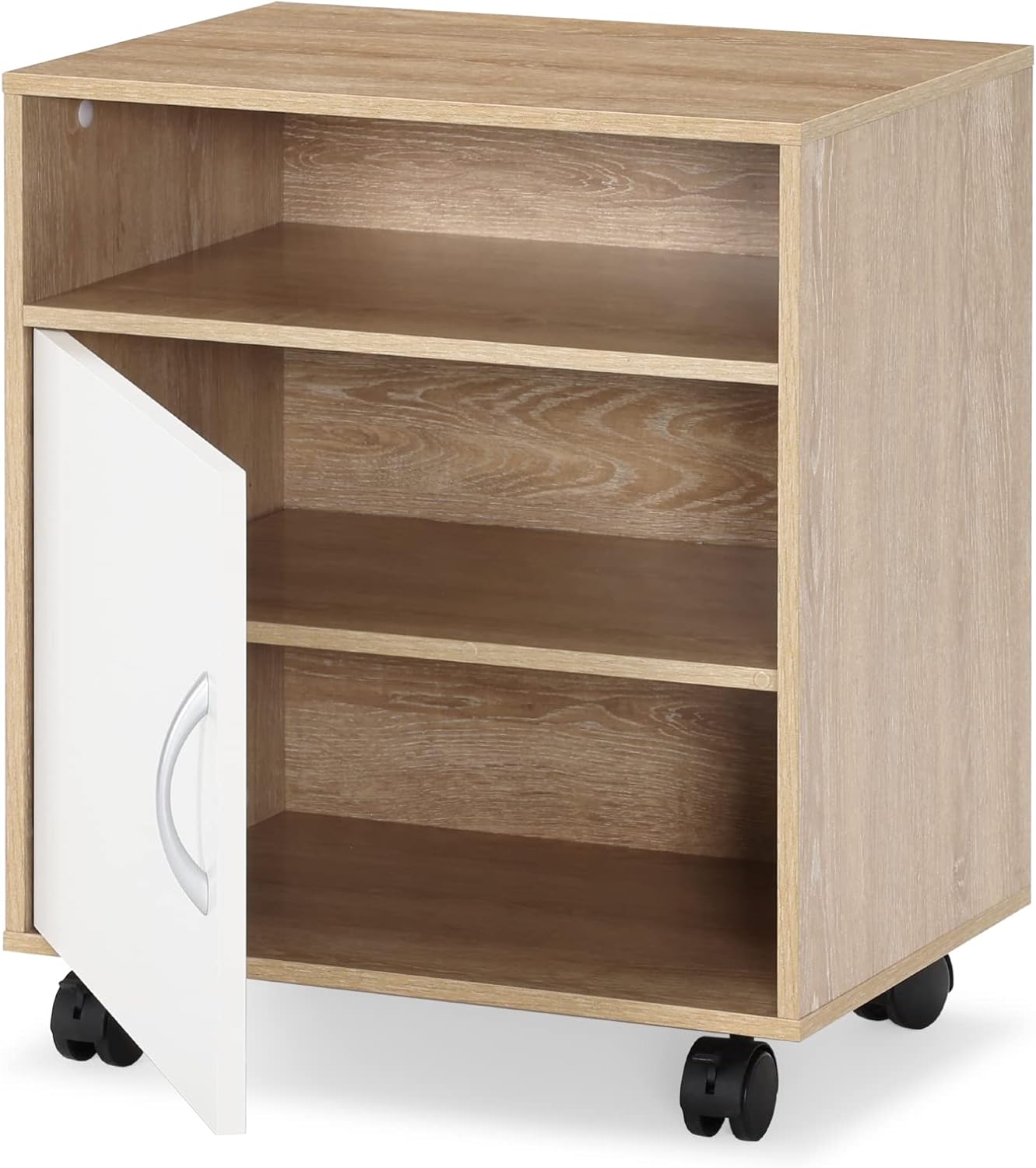 FITUEYES Printer Stand with Adjustable Storage Shelves, Mobile Black Wood Work Cart on Wheels, Rolling File Cabinet with Door for Home Office