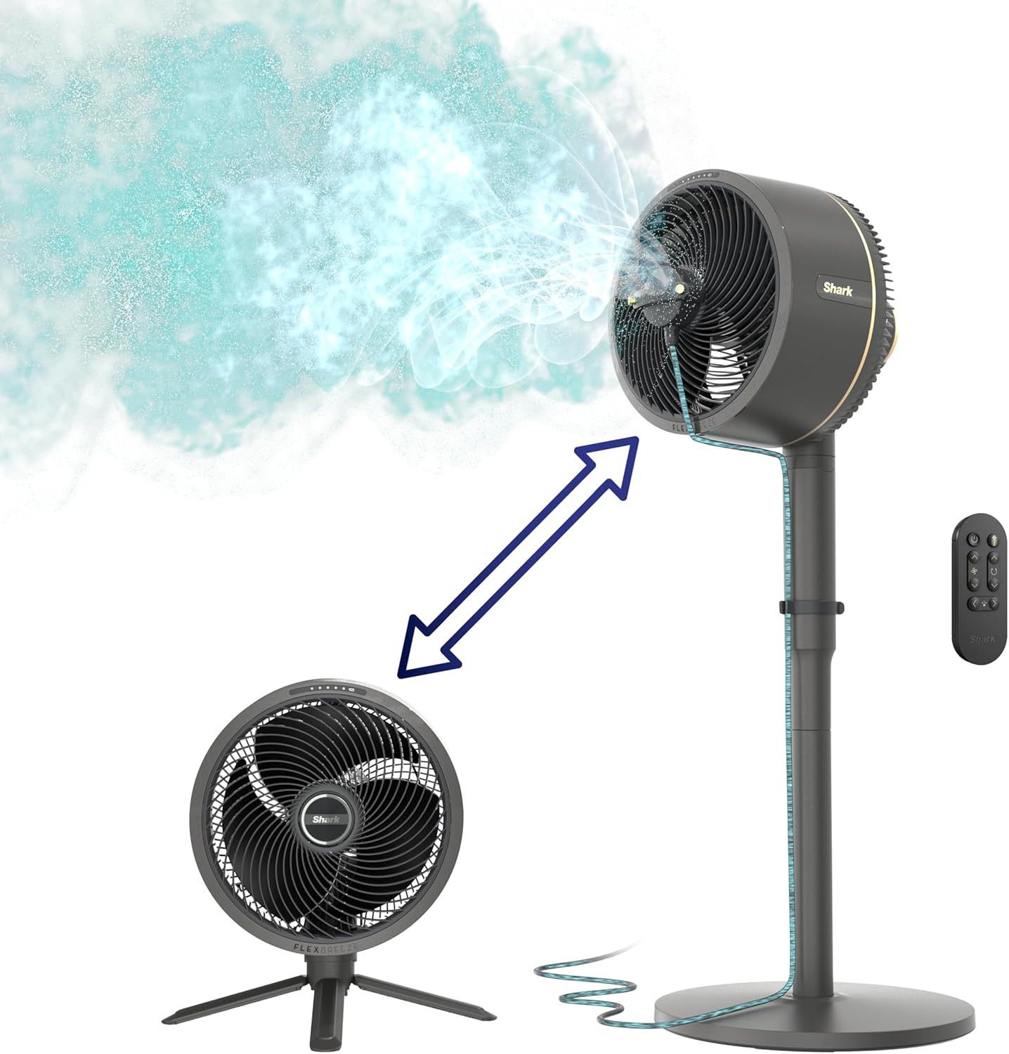 Shark FlexBreeze Pedestal & Tabletop, Indoor & Outdoor, Portable, Oscillating Fan with Remote, Quiet, Powerful, Corded & Cordless with InstaCool Misting Attachment, FA222
