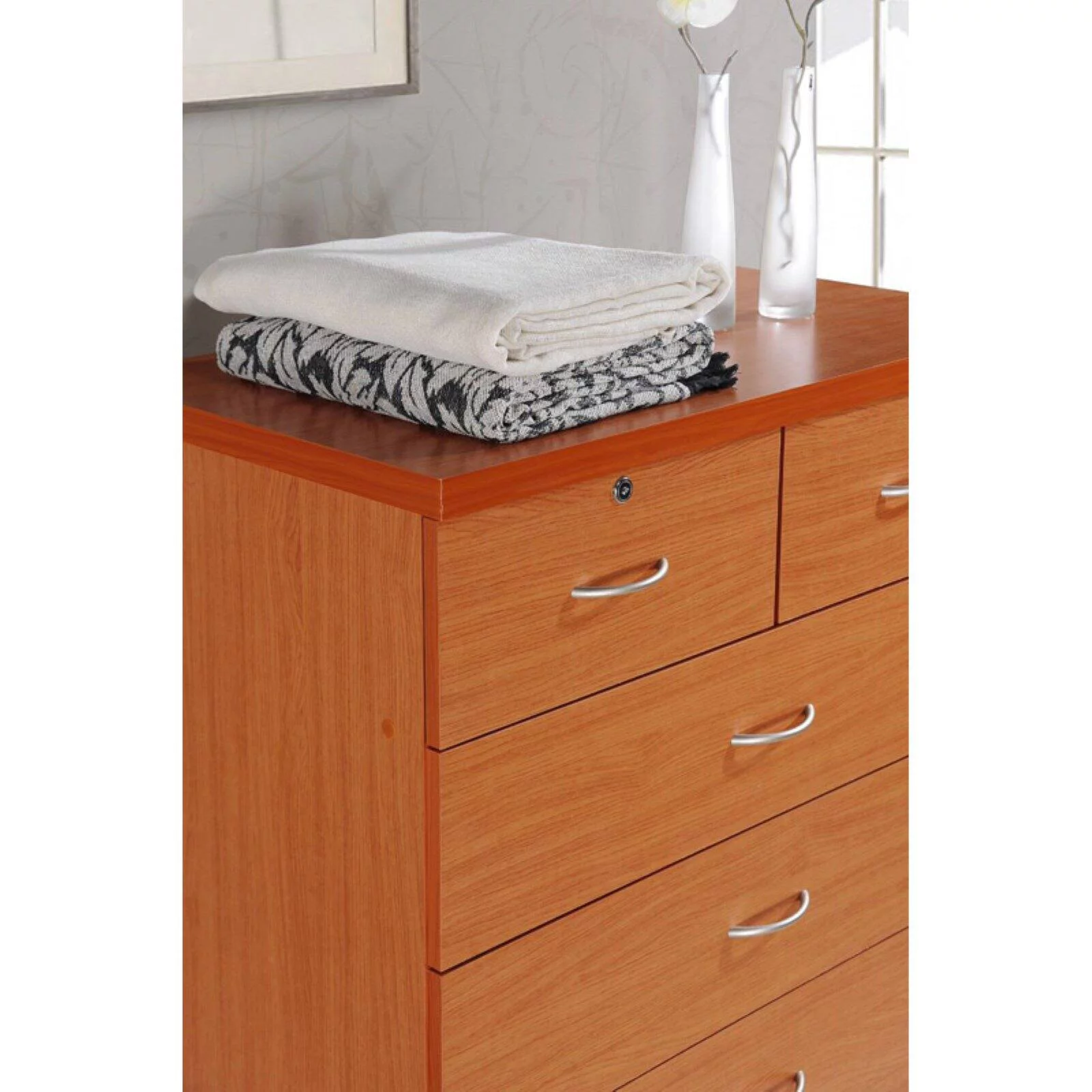 Hodedah 7 Drawer Wooden Jumbo Dresser Chest with 2 Top Locks, Cherry