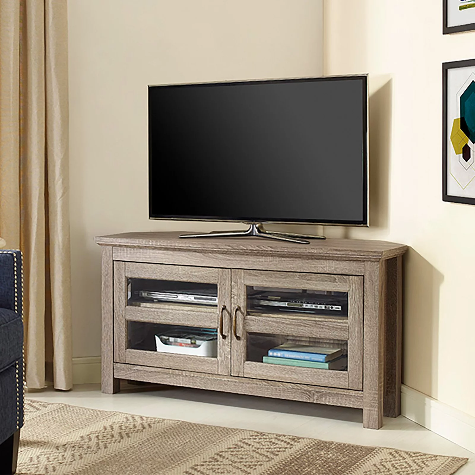 44" Transitional Farmhouse Wood Corner TV Console in Grey Wash