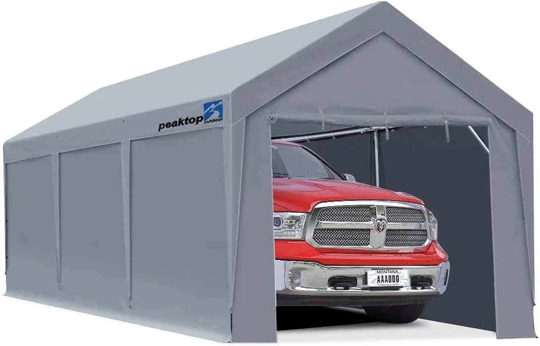 PEAKTOP OUTDOOR 10 x 20 ft Upgraded Heavy Duty Carport Car Canopy with Removable Sidewalls, Portable Garage Tent Boat Shelter with Reinforced Triangular Beams and 4 Weight Bags,Silver Gray