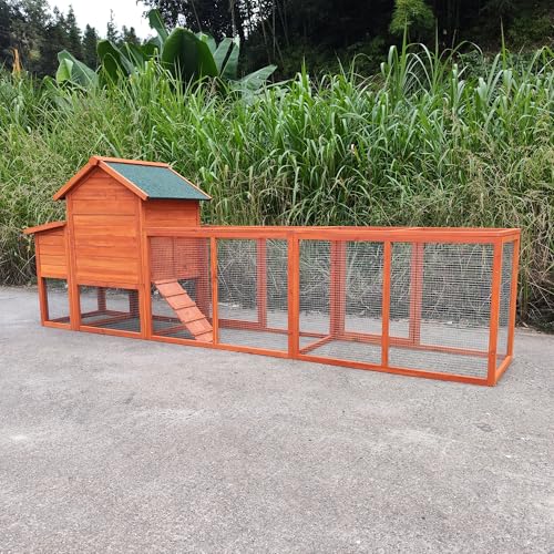 KEIKI 122＂Large Wooden Chicken Coop with Run and Nesting Box, Outdoor Hen House, Wooden Poultry Cage Wire Fence Poultry Cage