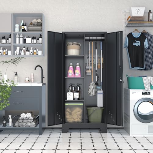 61" H Broom Closet Cabinet, Metal Storage Cabinet with Lockable Doors and Pegboard, Utility Closet for Brooms and Mops, Tool Cabinets for Home Office, Laundry Room, Garage, Workshop