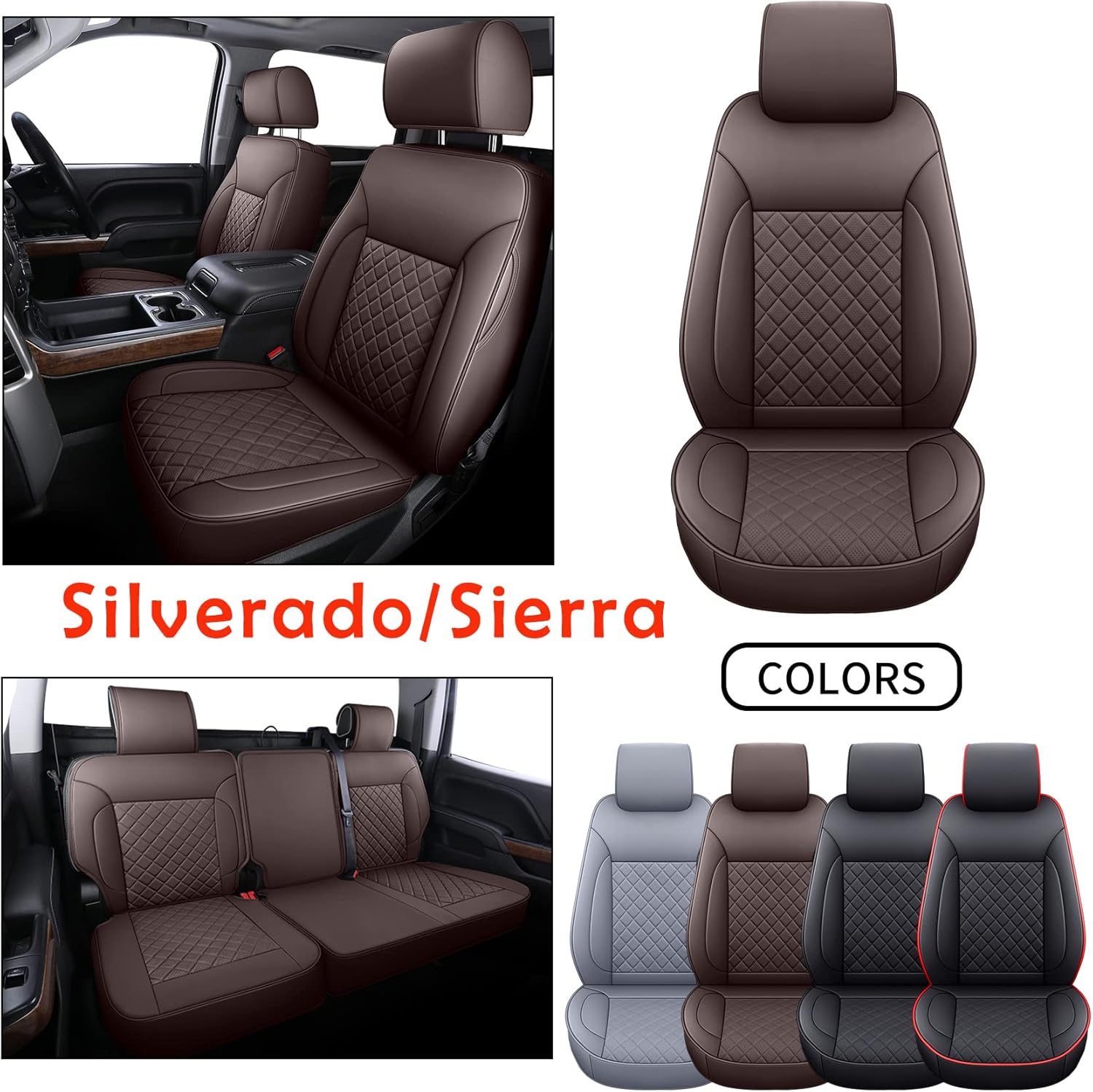 LUCKYMAN CLUB Chevy Silverado/Sierra P01-S1 Seat Covers Full Set, Fit 2014-2018 1500/2500 HD/3500 HD Crew Cab with Water Proof Faux Leather (Full Set, Brown)
