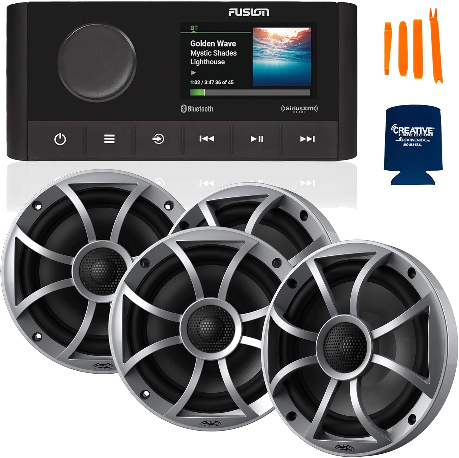 Fusion Entertainment MS-RA210 Marine AM/FM/BT/NEMA2000/SiriusXM Ready Stereo with 2 Pair Wet Sounds RECON6-S High Output 6.5 inches Marine Coaxial Speakers, Silver Grill
