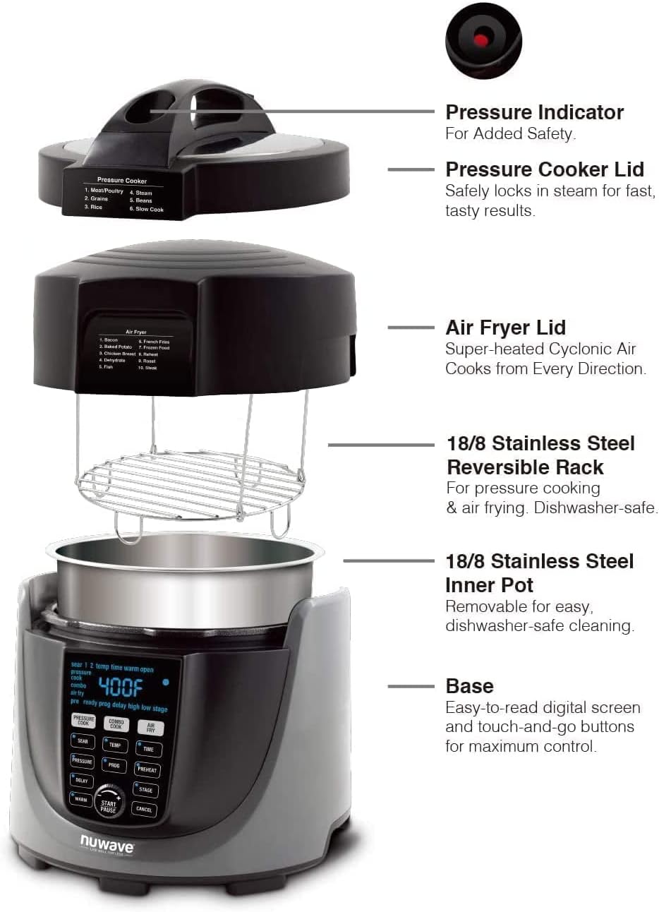 Nuwave Duet Pressure Cook and Air Fryer Combo Cook; Stainless Steel Pot & Rack; Non-Stick Air Fryer Basket; Steam, Sear, Saute, Slow Cook, Roast, Grill, Bake, Dehydrate, Pressure Cook & Air Fry
