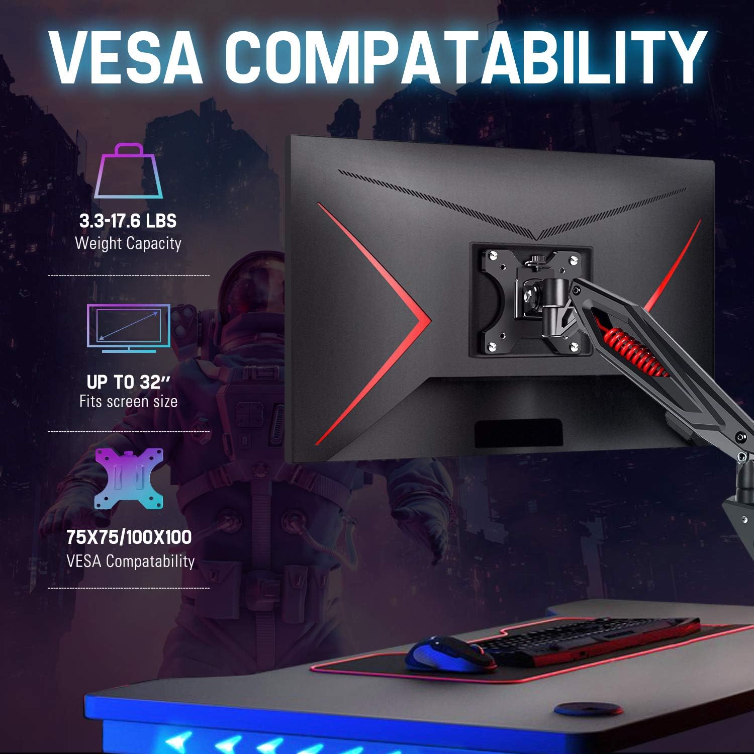 MOUNT PRO Single Gaming Monitor Stand - Mechanical Spring Monitor Mount, Adjustable Gaming Monitor Arm with C Clamp and Grommet Mounting Base - Fits for Computer Screen up to 32”, VESA 75x75, 100x100