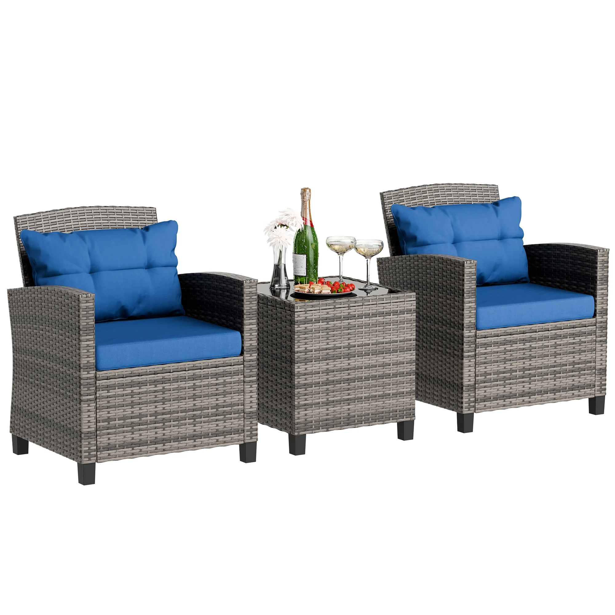 Walsunny 3 Pieces Patio Furniture Set Outdoor Wicker Conversation Bistro Set Outdoor Patio Chairs with Tempered Glass Table Beige