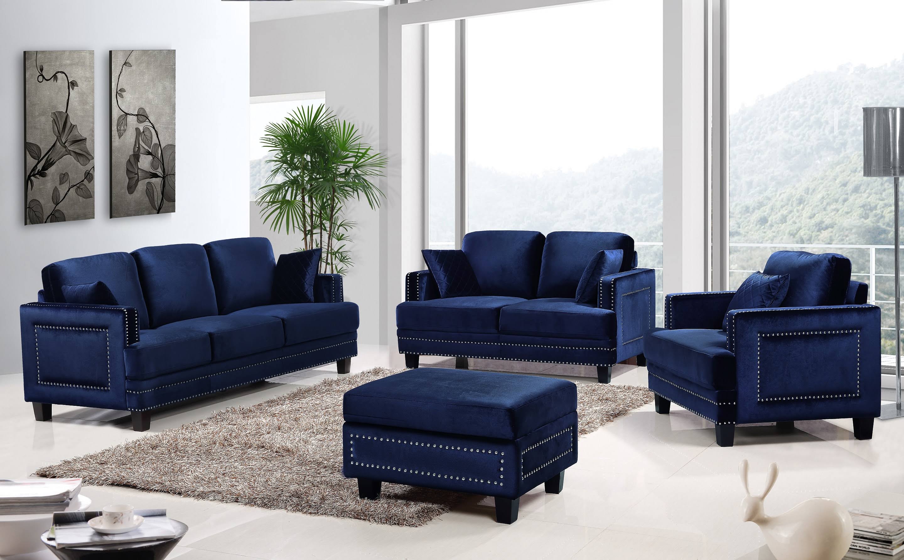 Meridian Furniture Ferrara Navy Velvet Storage Ottoman