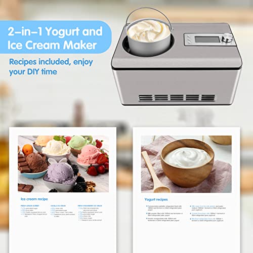 KUMIO Ice Cream Maker with Compressor, No Pre-Freezing, 4 Modes Ice Cream Maker Machine with LCD Display, Timer