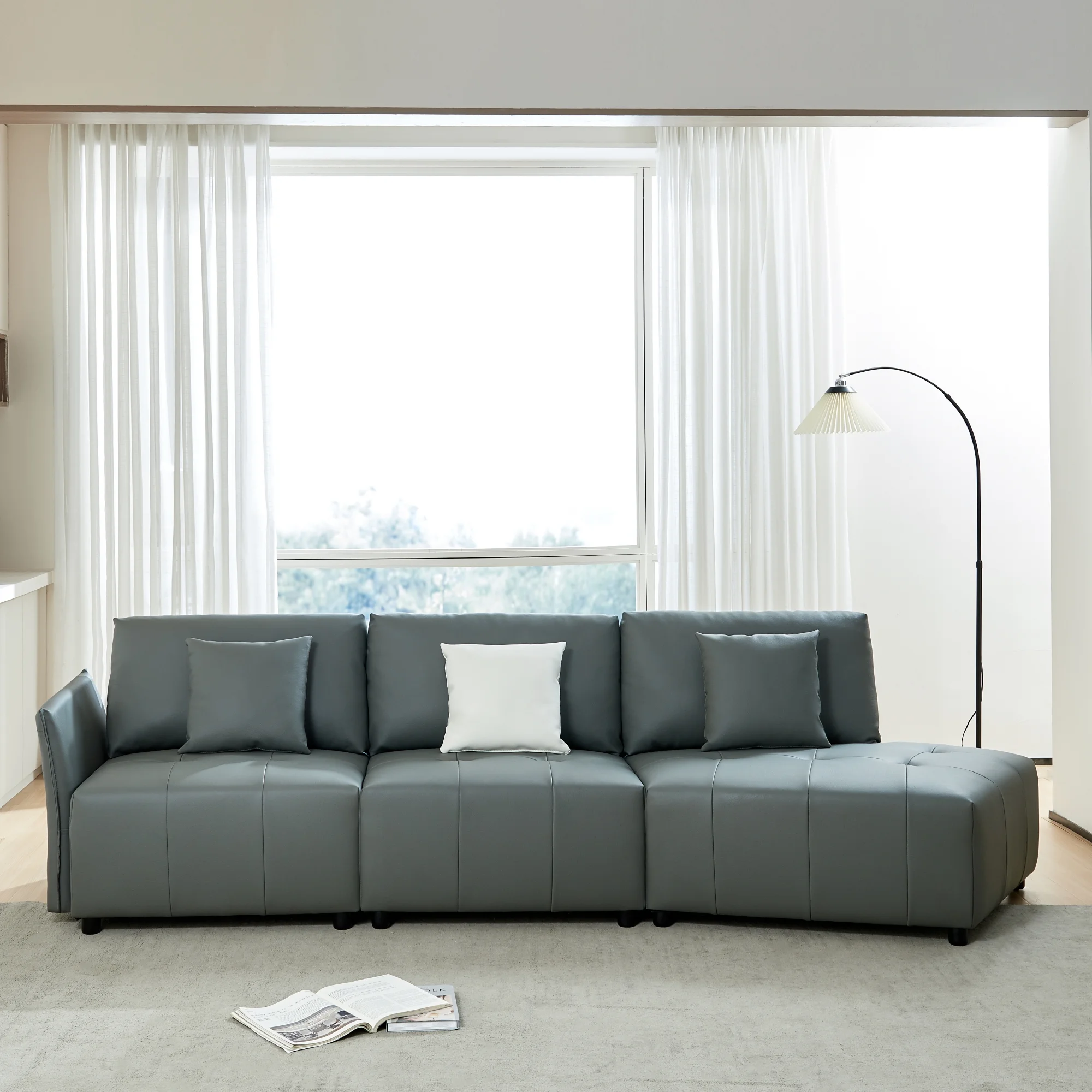120'' Real Leather Sofa, Modern Modular Sectional Couch, Button Tufted Seat Cushion for Living room, Apartment & Office.(Dark Gray)