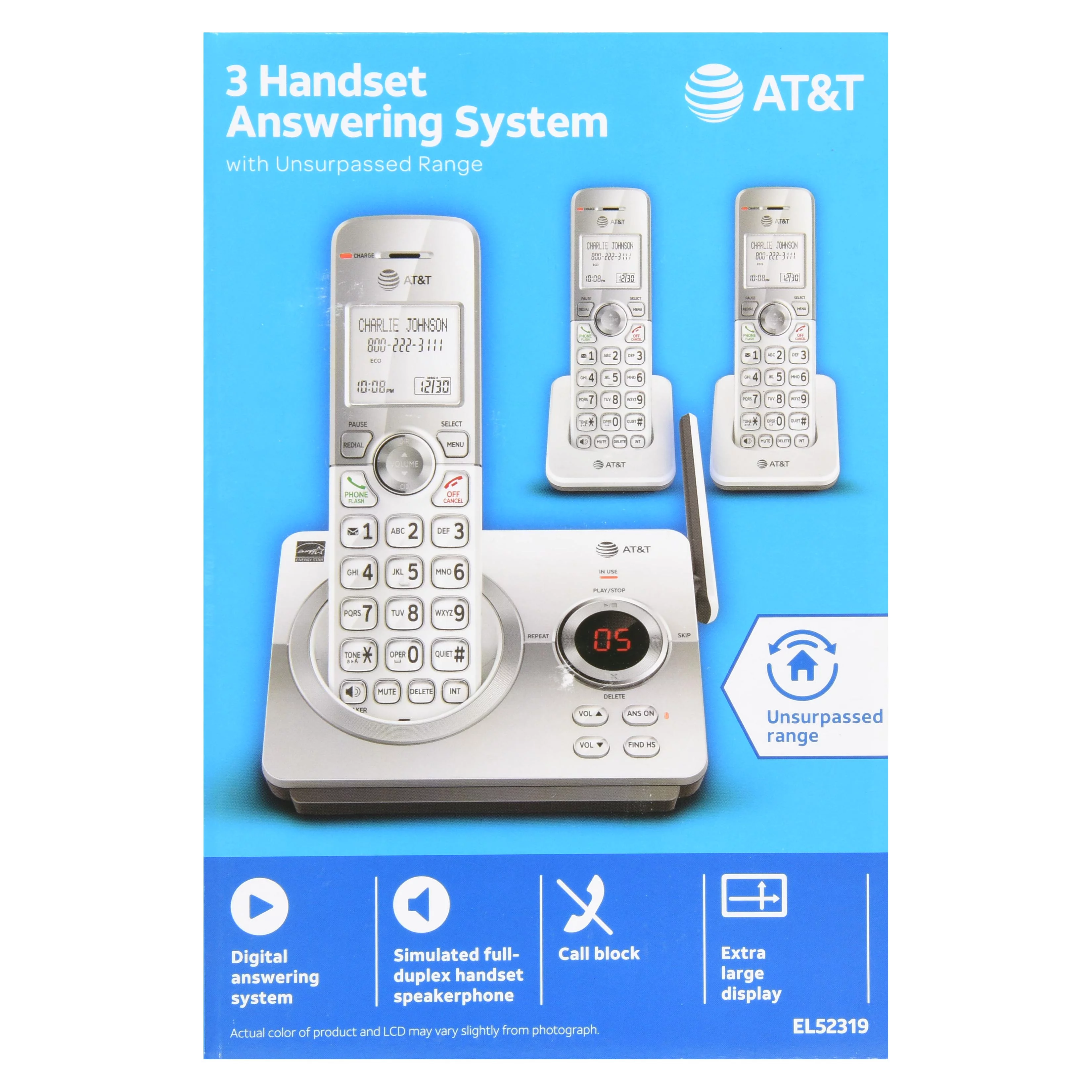 AT&T EL52319 Expandable Cordless Phone with Unsurpassed Range, Answering System and Caller ID, 3 Handsets, White/Silver