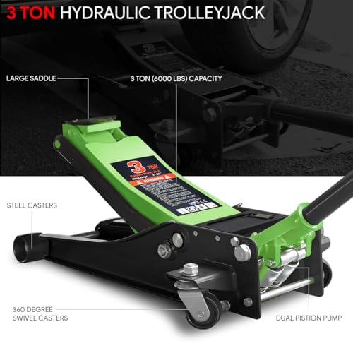 DNA MOTORING Floor Jack 3 Ton (6000 lbs) Capacity, Fast Lift Service Jack Low Profile Steel Heavy Duty Hydraulic Car Jack, Lifting Range 3"-20", Black, TOOLS-00475-BK