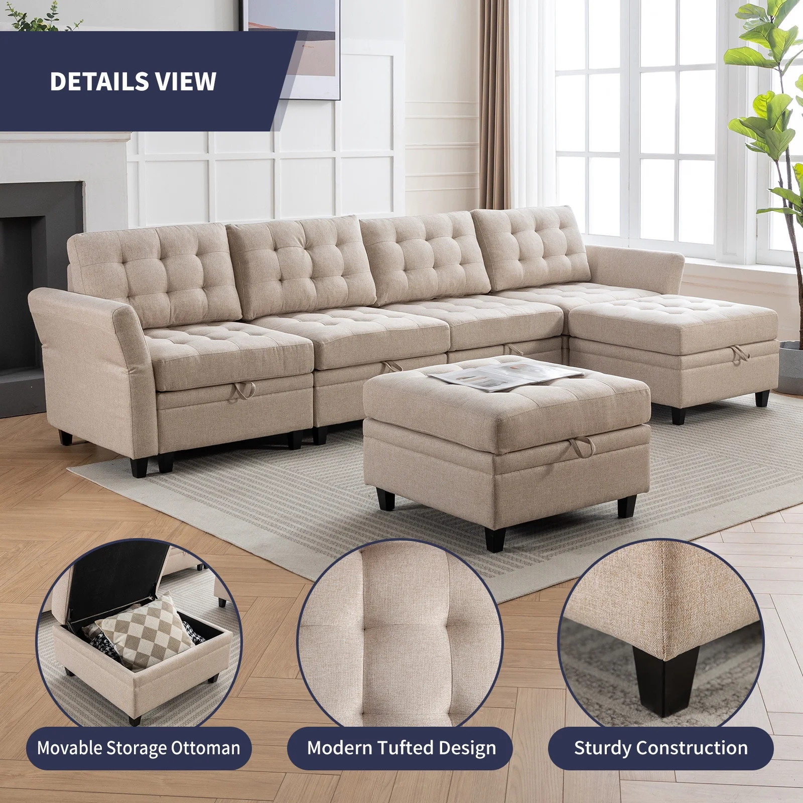 ijuicy Modern U/L Shaped Sectional Sofa Set with Storage Ottoman ,Oversized 6-Seat Modular Sofa Couch with Adjustable Armrest for Living Room,Beige