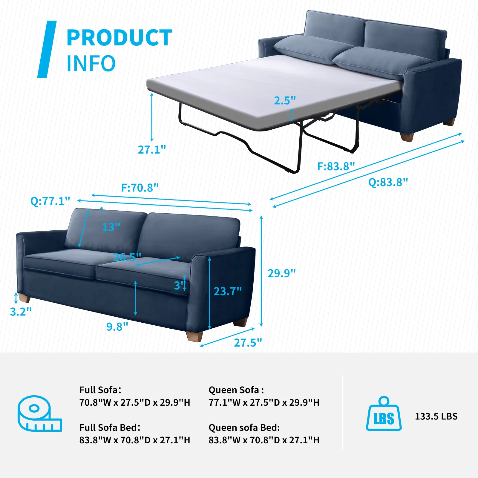 Mjkone Pull Out Sofa Bed, Sleeper Sofa Bed with Memory Foam Mattress, 2-in-1 Pull Out Couch Bed Suitable for Friends to Stay Temporarily, Loveseat Sleeper for Apartment/Small Spaces (Full, Baby Blue)
