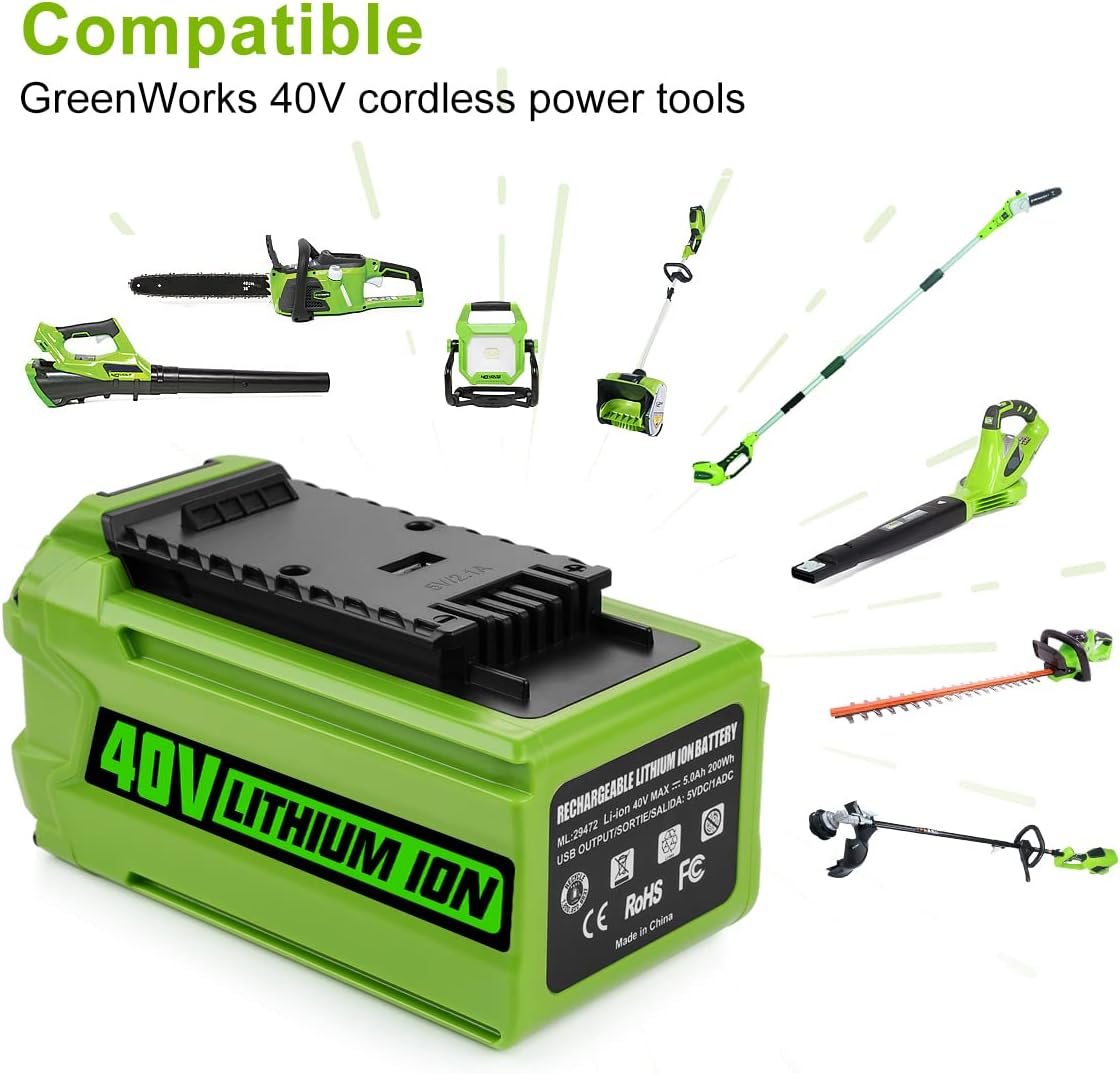 Energup 40V Replacement for Greenworks 40V Lithium Ion Battery 29472 29462 for GreenWorks 40Volt G-MAX Power Tools 29252 20202 22262 with a Greenworks 40V Battery Charger Pack of 2