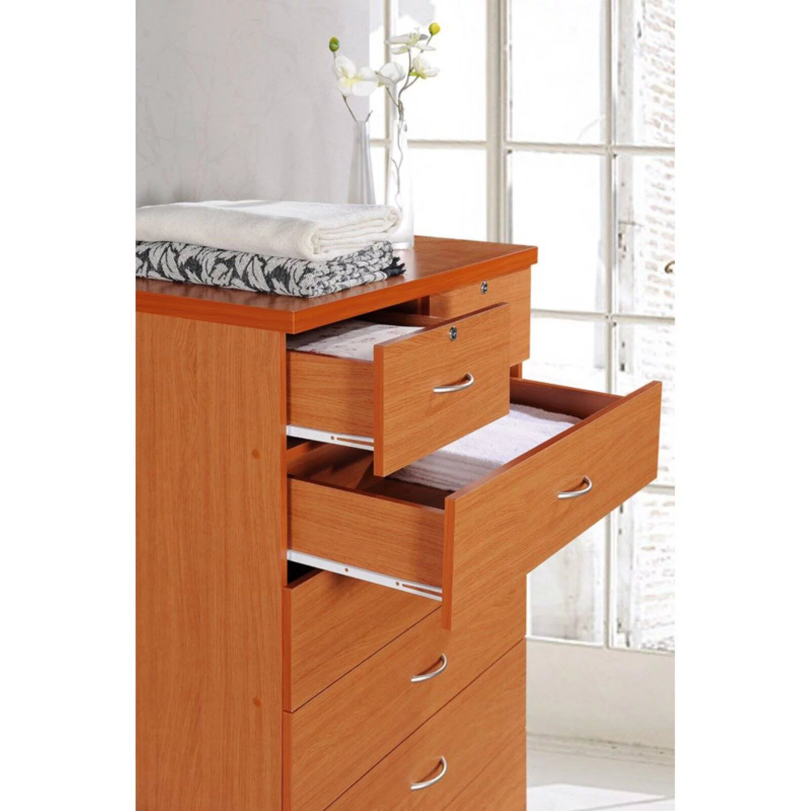 Hodedah 7 Drawer Wooden Jumbo Dresser Chest with 2 Top Locks, Cherry