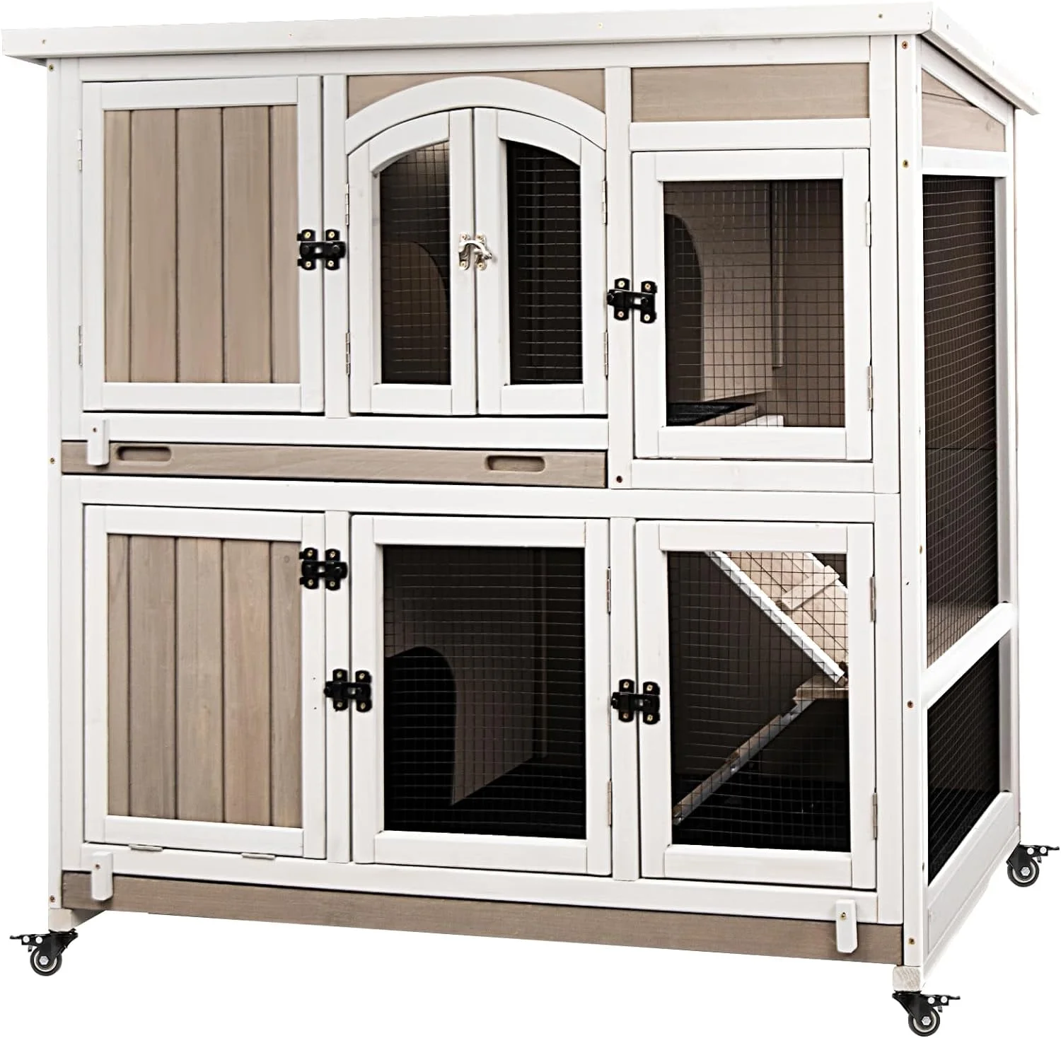 PETSCOSSET 47"L Rabbit Hutch Indoor Wooden 2 Story Rabbit Large Bunny Hutch Outdoor Bunny Cage on Wheels - Curated Treasures Market