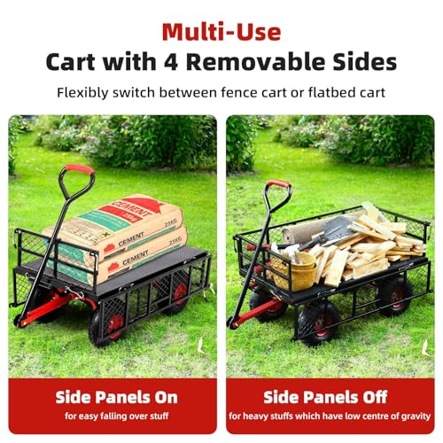 880 lbs 10" Tires Steel Garden Cart with 180° Rotating Handle and Removable Sides, Heavy Duty Utility Garden Carts and Wagons, Heavy Duty Yard Dump Wagon Utility Wagon with Removable Sides