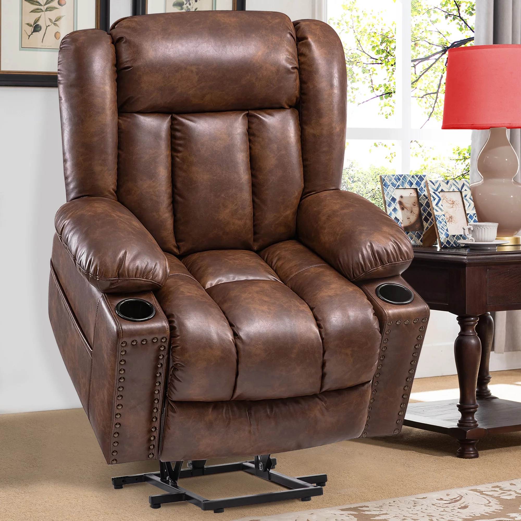 SONORO KATE Large Power Lift Recliner for Elderly with Massage and Heat, 41" Wide Breathable Leather Chair, Brown