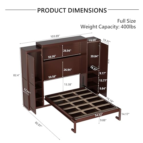 KLMM Wooden Murphy Bed Wall Bed with 2 Wardrobe and Storage Shelf,Foldable Platform Bedframe for Guest-Room Bedroom Study Office Use (White#E, Full)