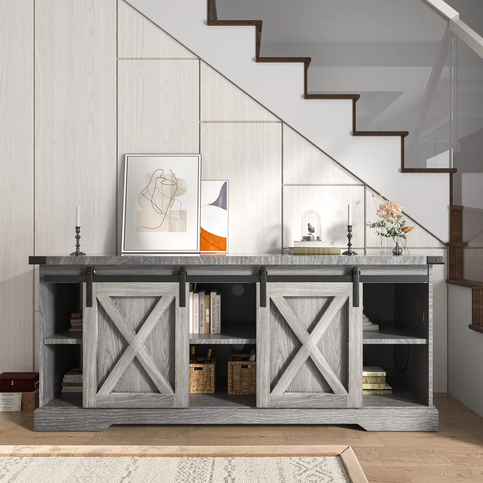 Chvans Farmhouse Barn Door TV Stand for up to 65 TVs /23 Electric Fireplace, Entertainment Center Console Table with Adjustable Shevles(58)