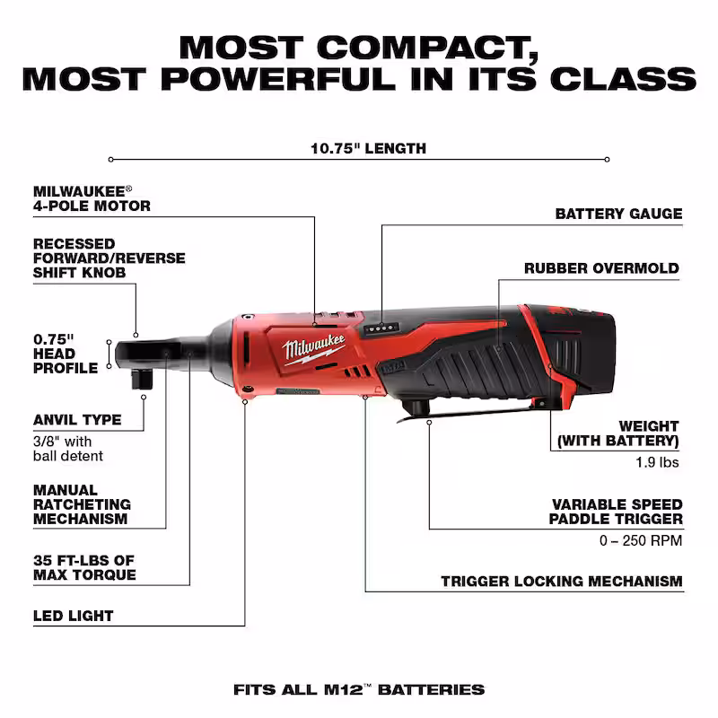 M12 12V Lithium-Ion Cordless 1/4 in. Ratchet and 3/8 in. Ratchet Combo Kit (2-Tool) W/ (2) 2.0Ah Batteries