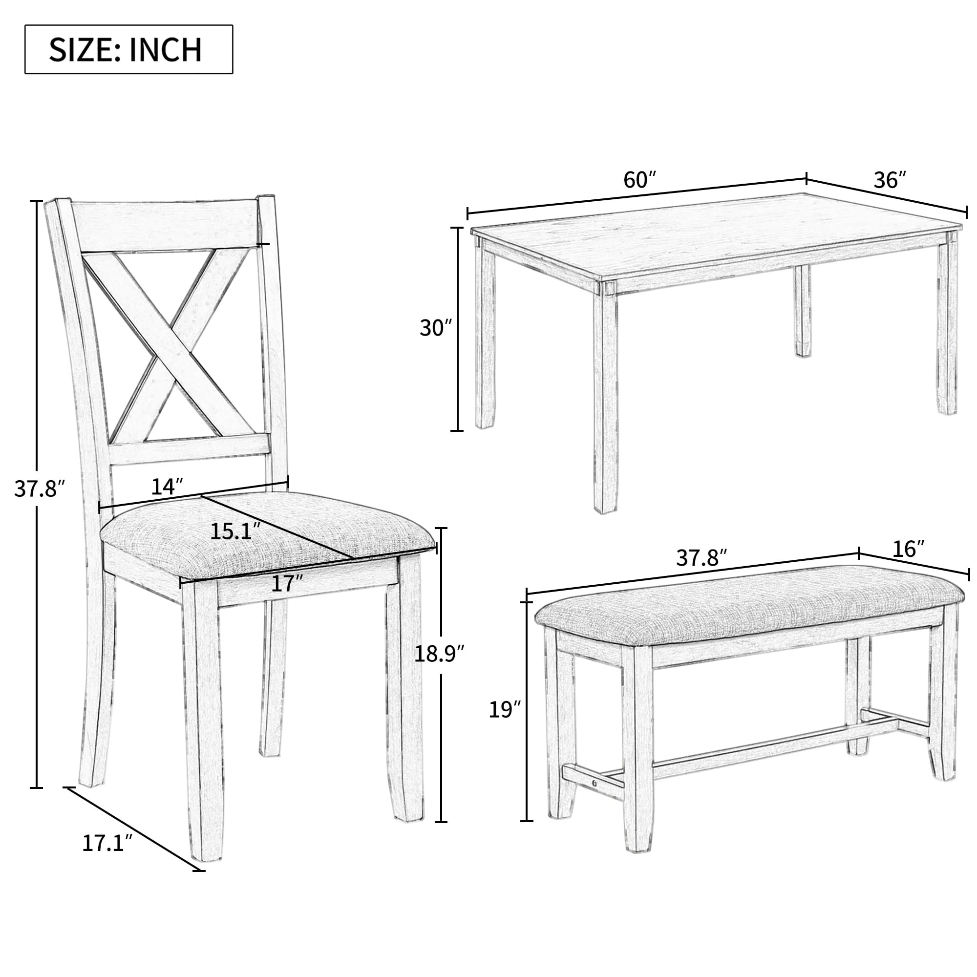 Gray 6-Piece Wooden Dining Table Set with 4 Fabric Chairs and Bench, Seats for 6