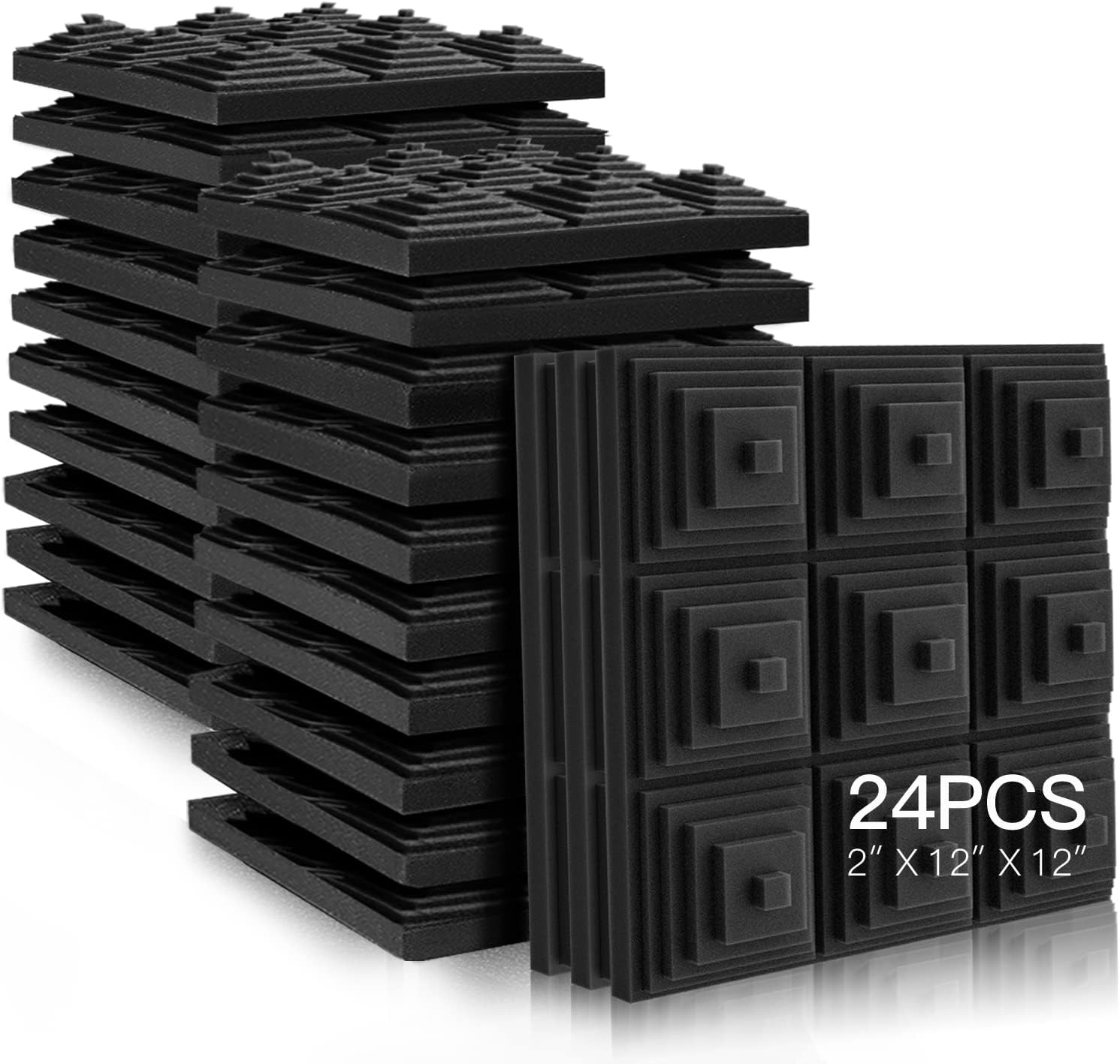 Sound Proof Foam Panels 24 Pack, New High Density Acoustic Foam Panels for Acoustic Treatment, 2" x 12" x 12" Soundproof Wall Panels, Sound Absorbing Foam for Music Studio, Game Room, Bedroom Pack of 2