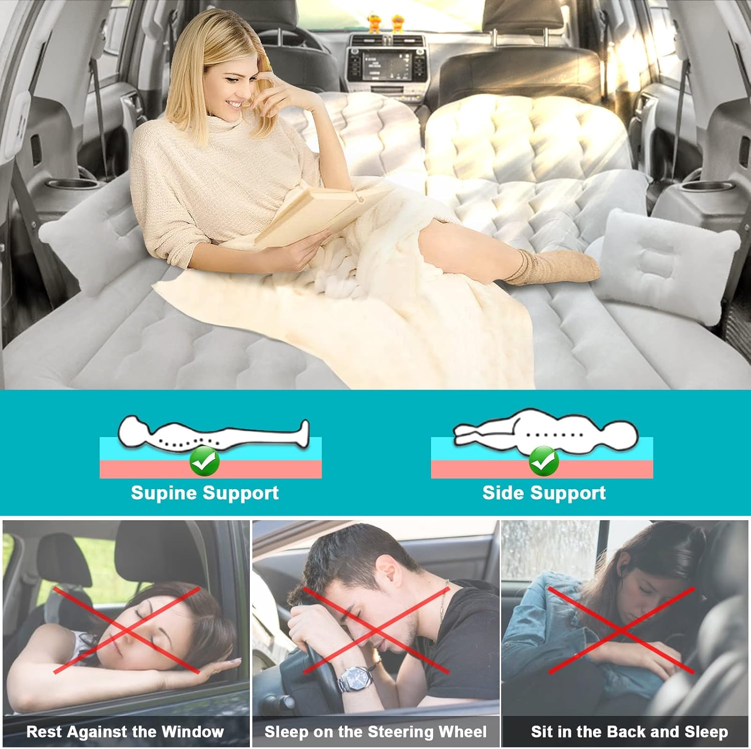 Car Air Mattress,Car Bed,SUV Air Mattress Car Camping with Electric Pump and 2 Pillows, Car Inflatable Mattress- Flocking & PVC Surface,Car Sleeping Bed for Home, Outdoor and Travel(Gray)