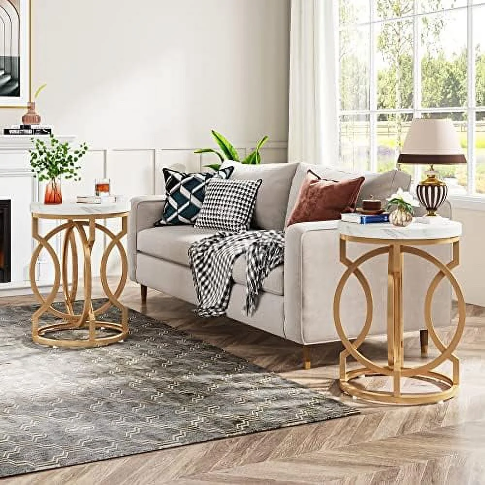 HJZBNONE Round End Table Set of 2  Multifunctional Accent Table Small Side Table for Living Room  Modern White Gold Nightstand with Faux Marble Tabletop  Bedside Table for Bedroom (2 PCS)