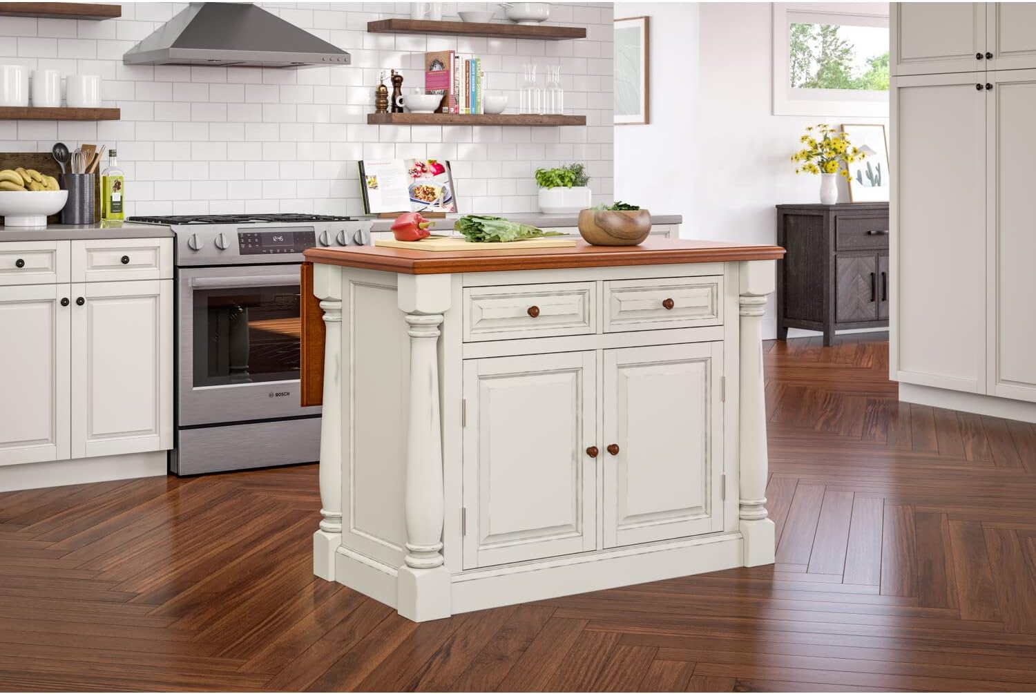 Homestyles Monarch Kitchen Island Set, 50 Inch Width, Antique White