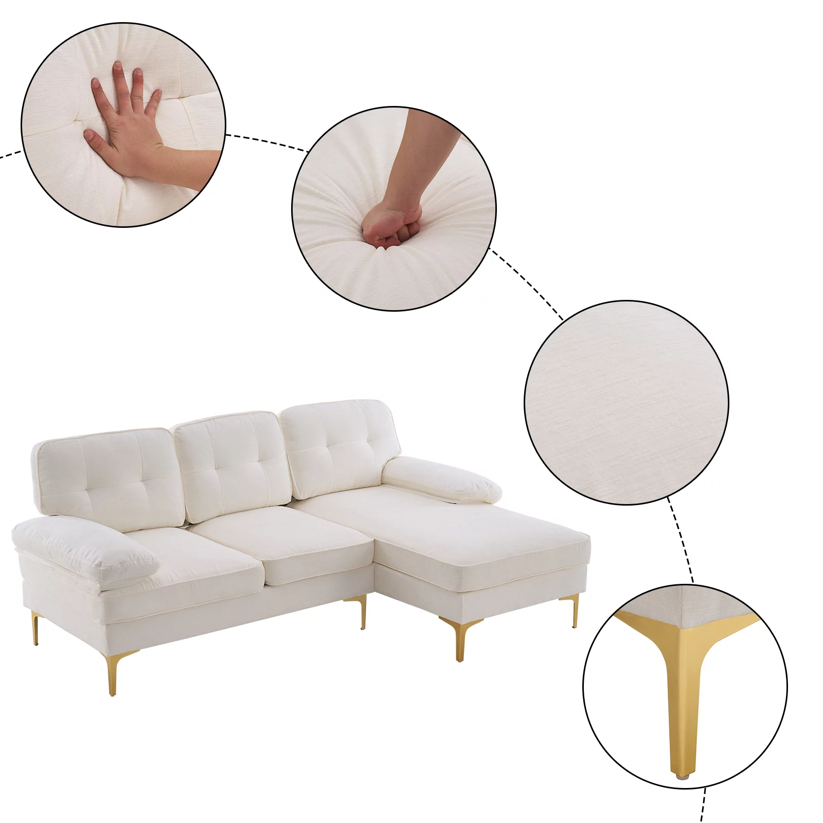 Tenozek Simple And Stylish Sectional Sofa Couch for Living Room, 83 inch L-Shape Sofa Couch 3-seat Sofas Gold-Plated Legs for Small Space, Beige