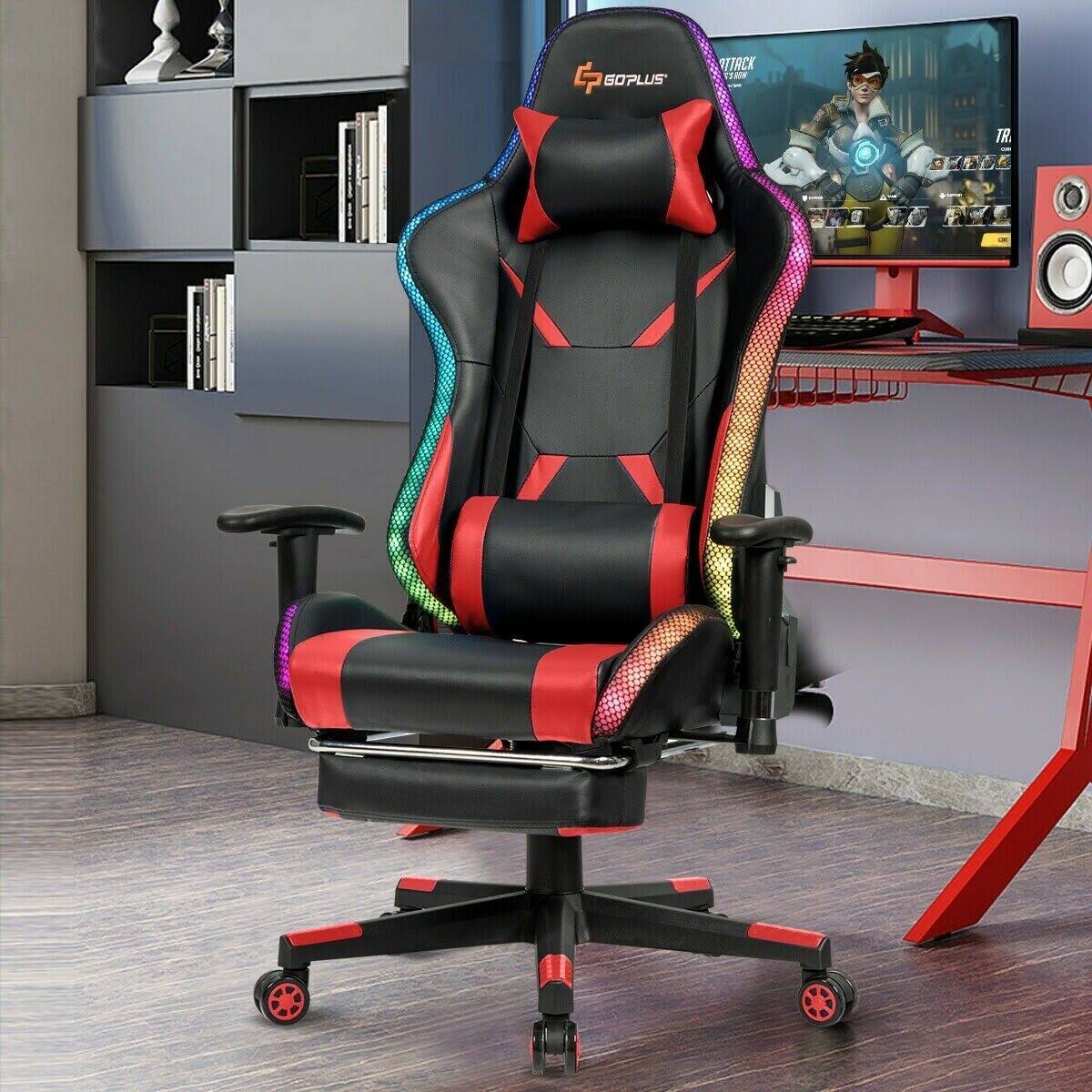 Costway Massage Racing Gaming Chair Chair with RGB LED Lights-Red