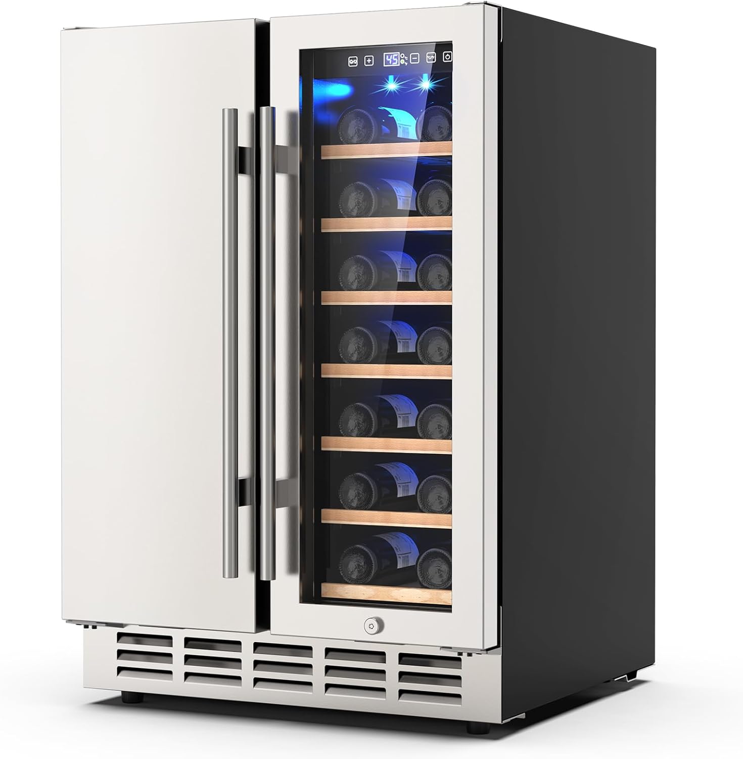 Wine and Beverage Refrigerator, 24 Inch Dual Zone Wine Fridge with Safety Locks, Under Counter Wine Cooler Beer Fridge Built-In or Freestanding, Holds 20 Bottles and 57 Cans