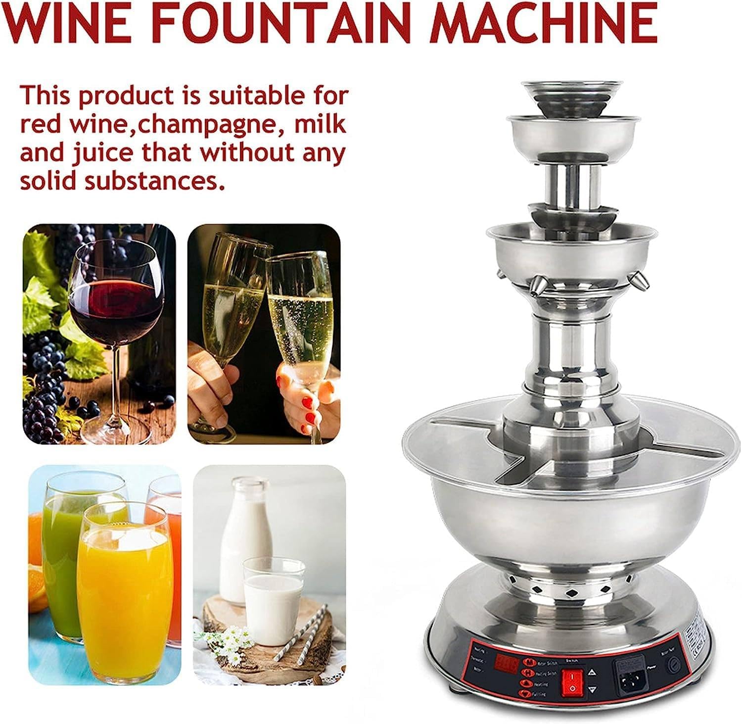 3-Tier Party Wine Fountain Machine, 120W Wine Fountain Machine, Temperature Adjustment 0~100℃,Juice and Wine Fountain with LED Lighted Base, Wine Dispenser Machine for Wedding Bar Party